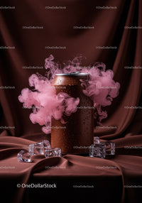 Chilled brown can with pink smoke and ice cubes