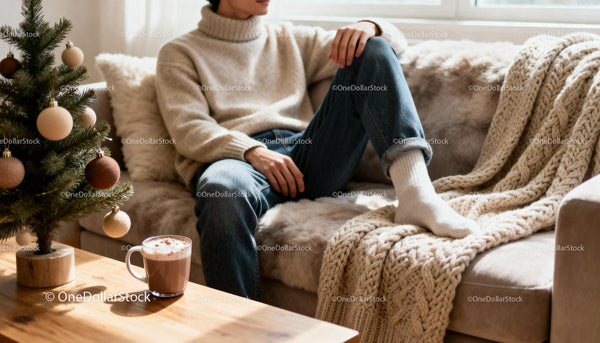 Cozy Winter Relaxation with Hot Chocolate and Knitted Throw