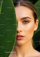 Young Woman with Green Leaf and Water Droplets Face Close-Up