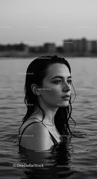 Serene Black and White Portrait of Woman in Water with City Skyline