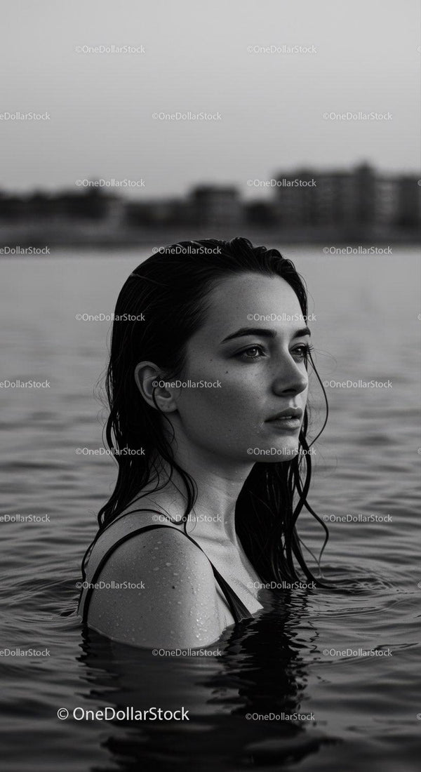 Serene Black and White Portrait of Woman in Water with City Skyline
