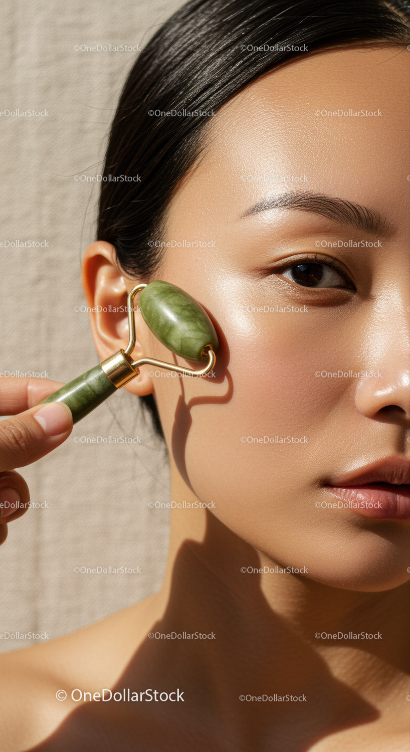 Close-up of Woman Using Jade Roller for Facial Massage with Skin Glow