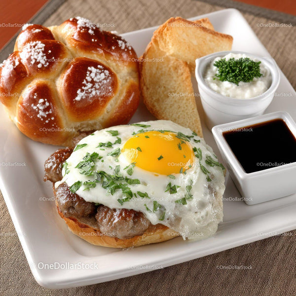 Sunny Side Up Egg on Beef Patty with Toast and Sauces in White Plate