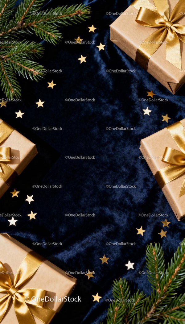 Festive golden gift boxes with pine and star confetti