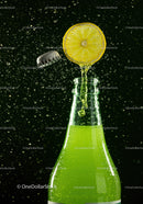 Refreshing Lemon Splash Over Green Soda Bottle