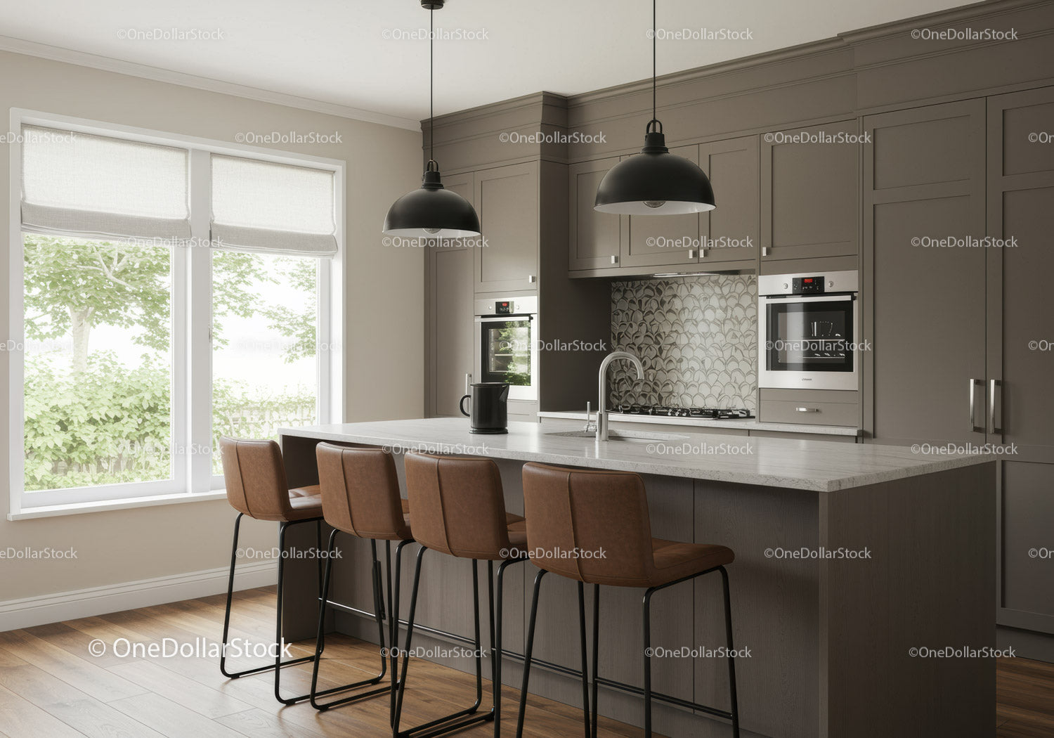 Modern Kitchen with Granite Countertop and Bar Stools