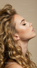 Profile of serene young woman with flowing curly hair