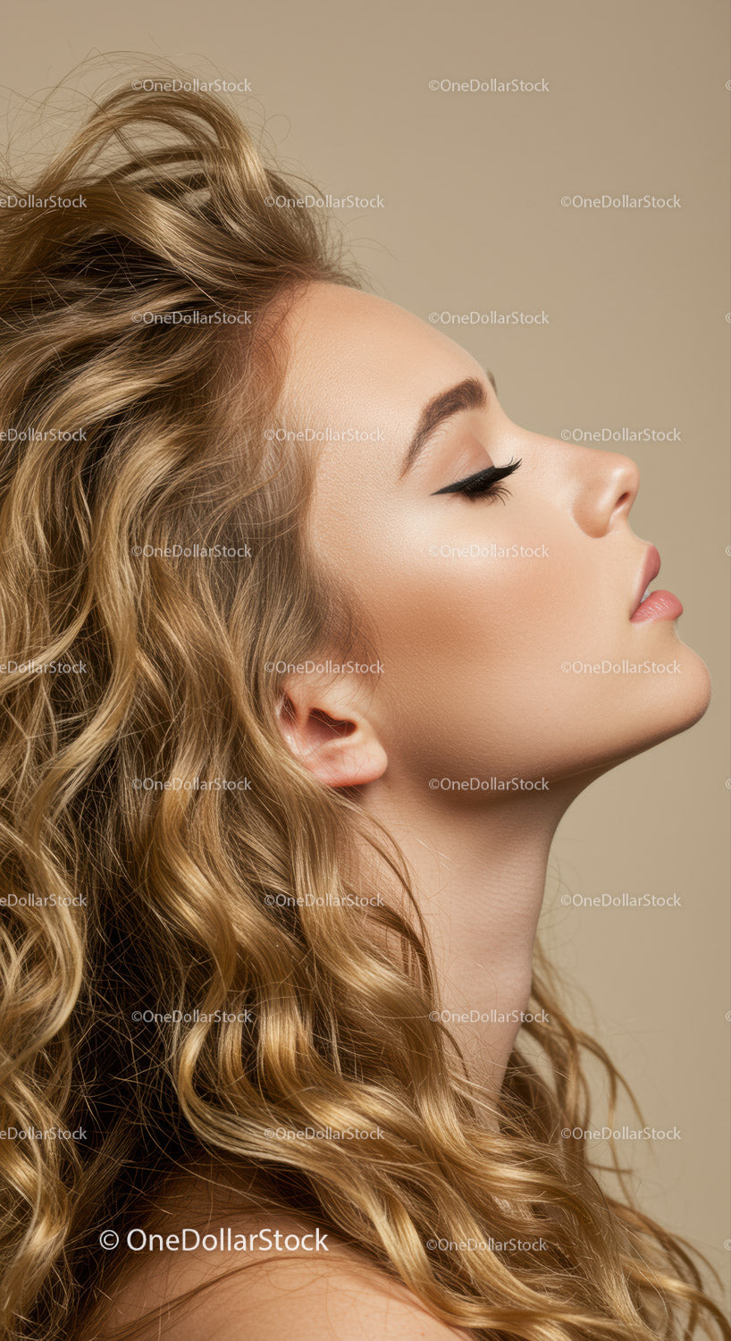 Profile of serene young woman with flowing curly hair