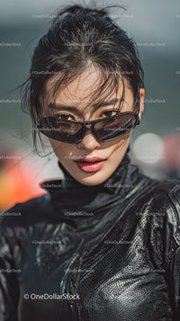 Stylish Woman in Black Outfit with Sunglasses Outdoors