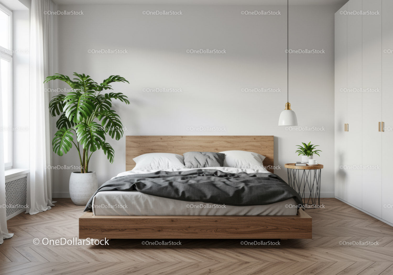 Minimalist Bedroom with Large Window and Green Houseplant