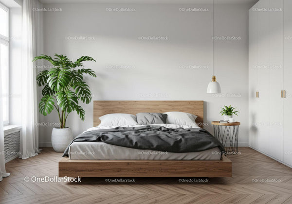Minimalist Bedroom with Large Window and Green Houseplant
