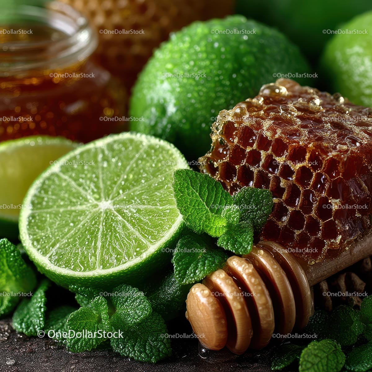 Fresh Limes, Mint Leaves and Honeycomb for Delicious Recipes