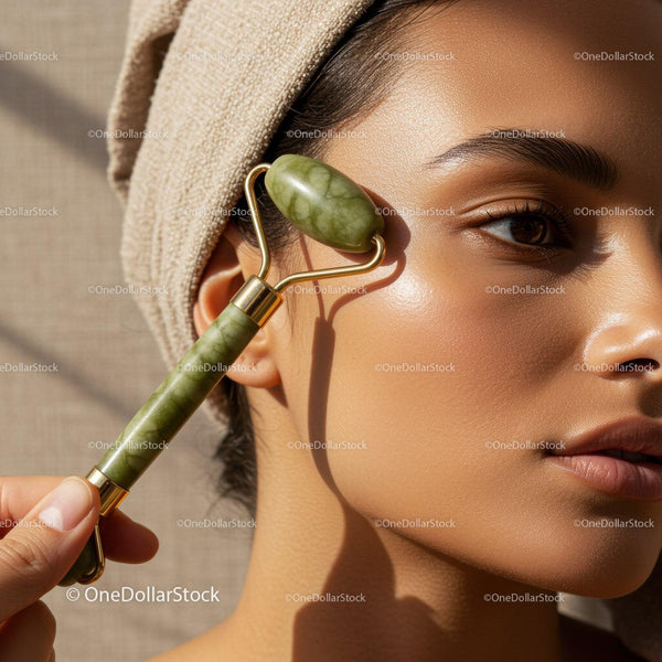 Close-Up of Woman Using Jade Roller for Facial Skin Care