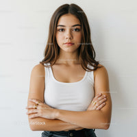 Confident Young Woman with Crossed Arms in Casual White Tank Top