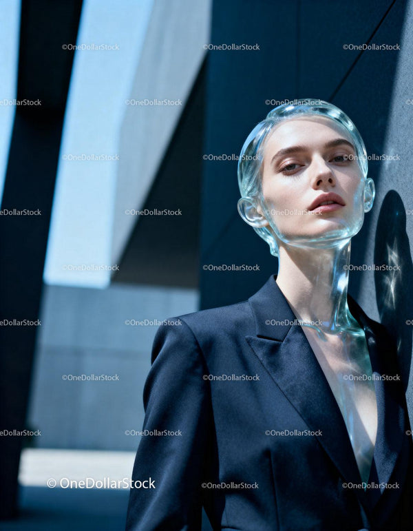 Futuristic beauty model wearing transparent mask outdoors