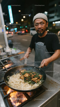 Stir-Fried Noodles with Vegetables in a Professional Street Food Setting