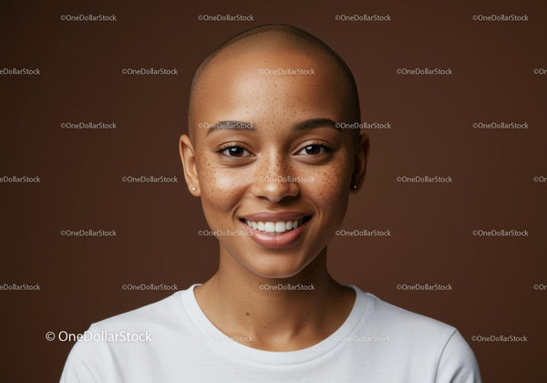 Close-up of Smiling Woman with Freckles and Bald Head