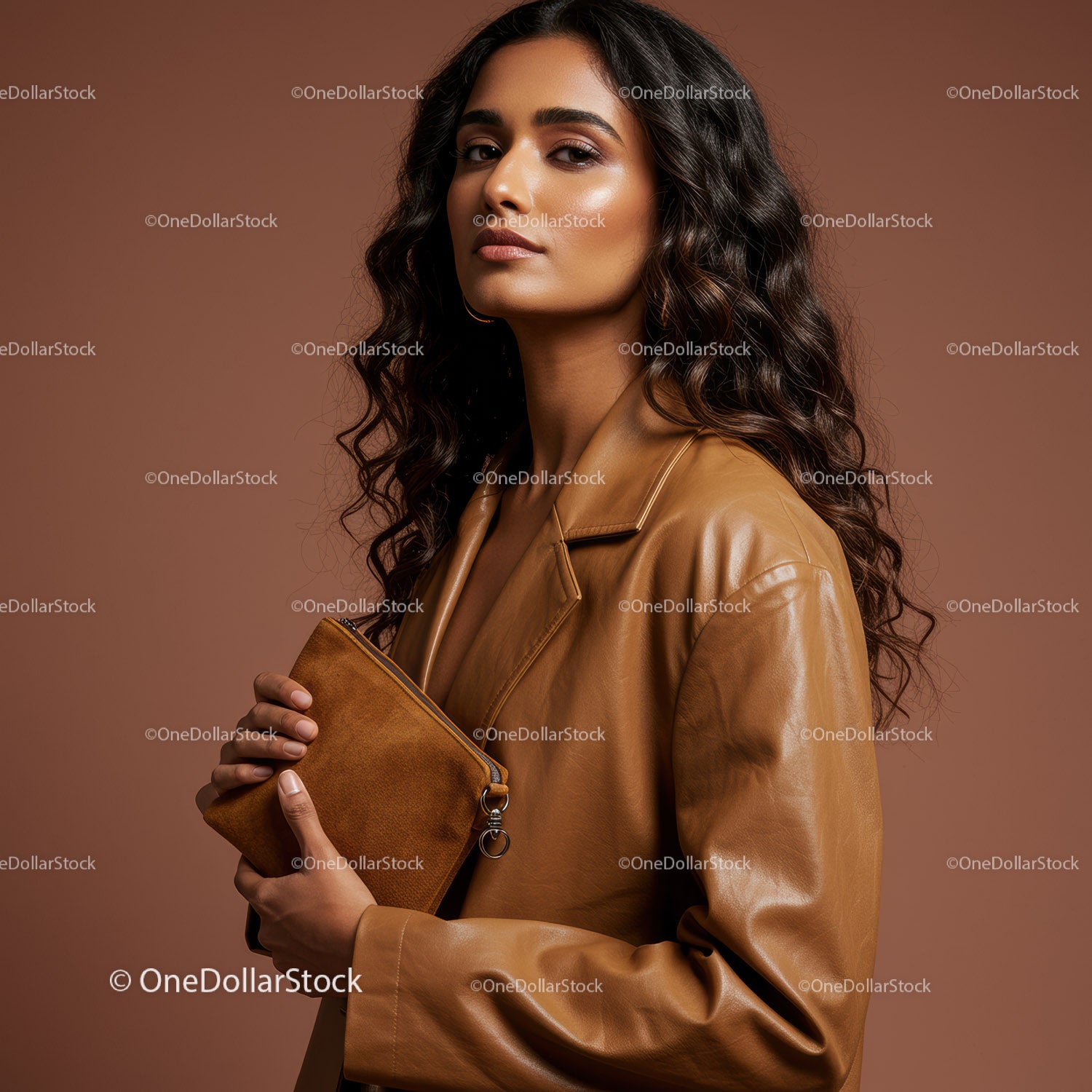Fashionable Woman with Brown Clutch and Tan Leather Jacket in Studio