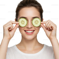 Happy Woman with Cucumber Slices Over Eyes for Relaxing Skincare