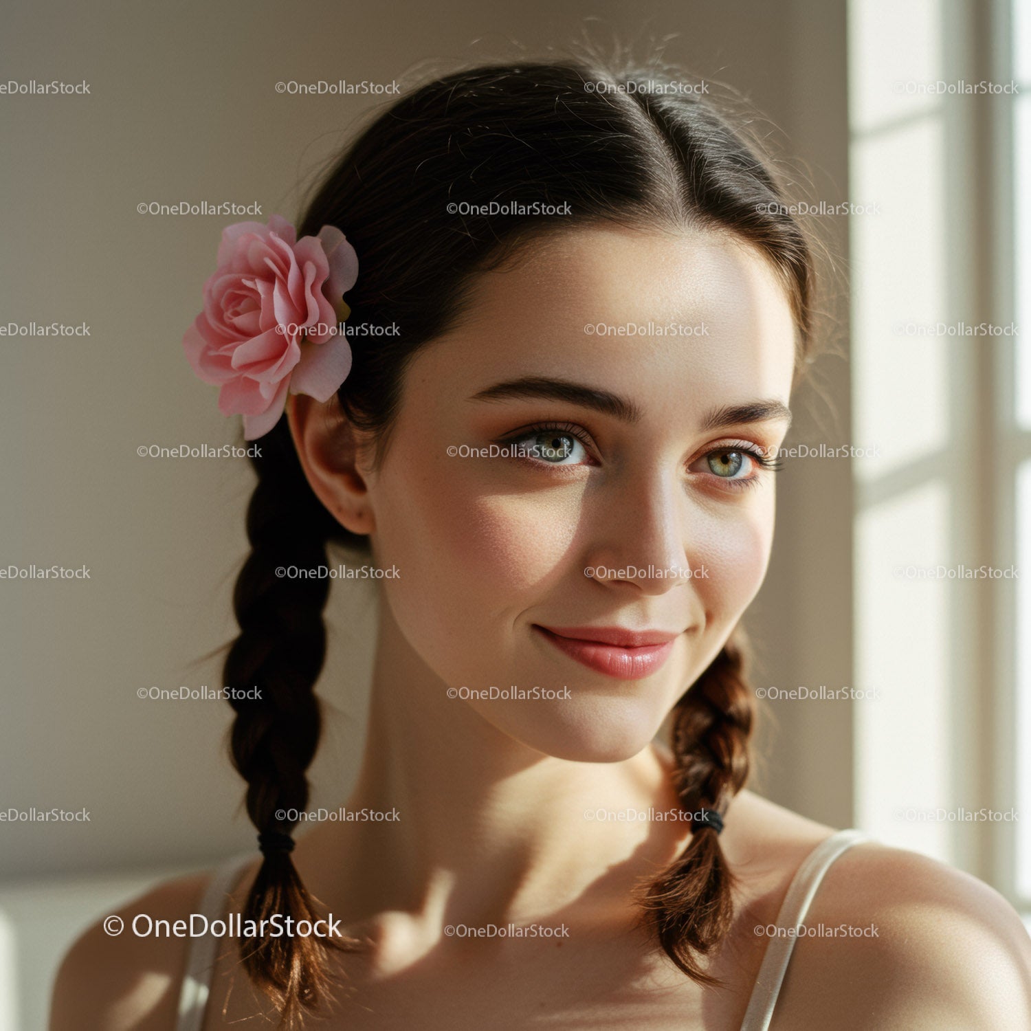 Young Woman with Pink Flower in Hair and Bright Smile