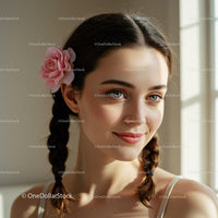 Young Woman with Pink Flower in Hair and Bright Smile