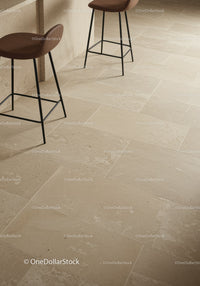 Beige Tile Floor with Modern Bar Stools and Minimalist Interior