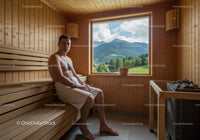 Man Sitting in Wooden Sauna with Mountain View in Nature Setting