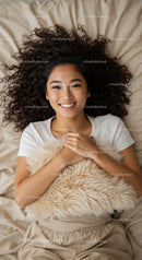 Smiling woman lying with curly hair and plush pillow