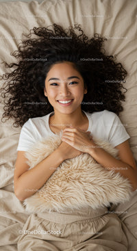 Smiling woman lying with curly hair and plush pillow