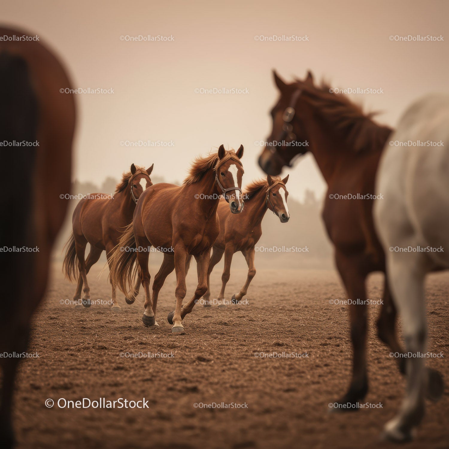 Majestic Herd of Brown Horses Running in Sunset Landscape