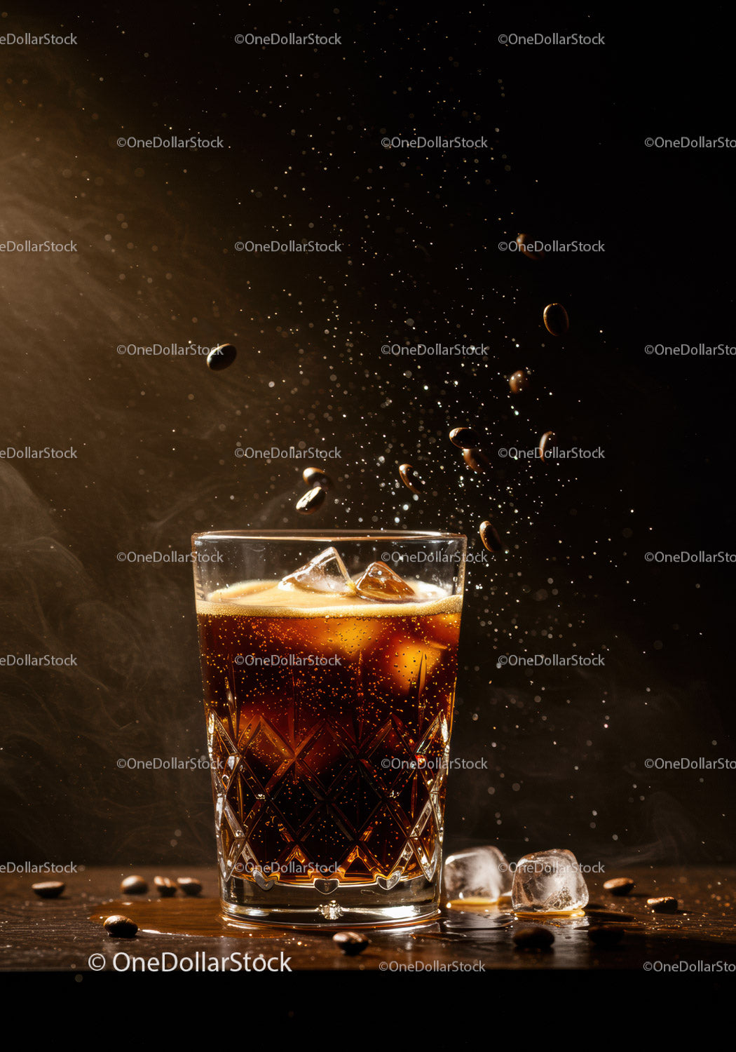 Refreshing iced coffee with floating coffee beans and ice