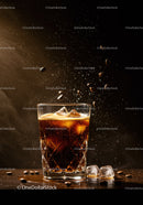 Refreshing iced coffee with floating coffee beans and ice