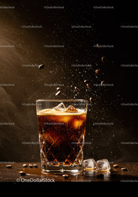 Refreshing iced coffee with floating coffee beans and ice