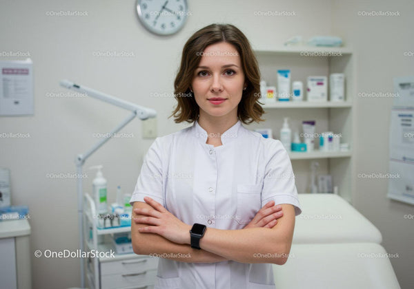 Pewna siebie pielęgniarka z założonymi rękami w nowoczesnej klinice