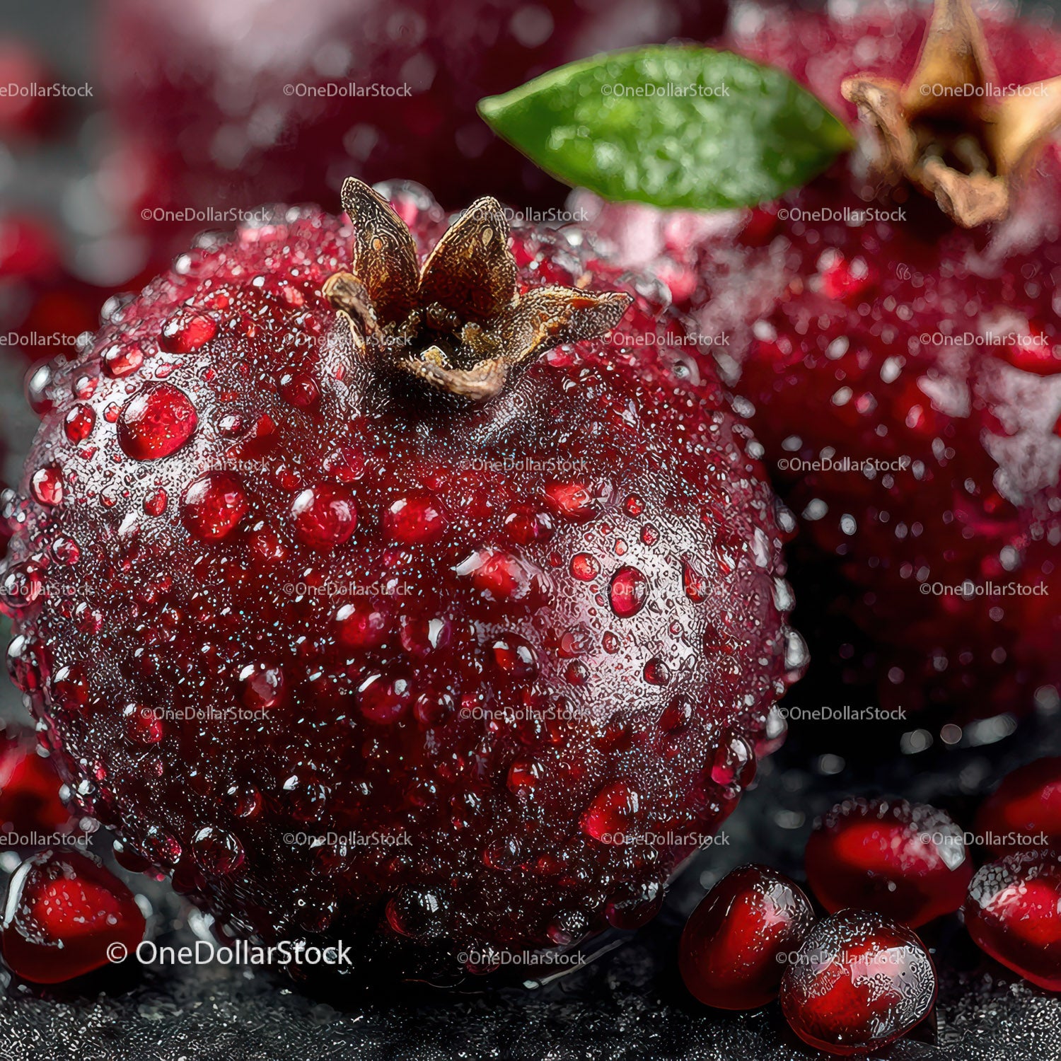 Fresh Ripe Pomegranate with Water Droplets Macro Shot