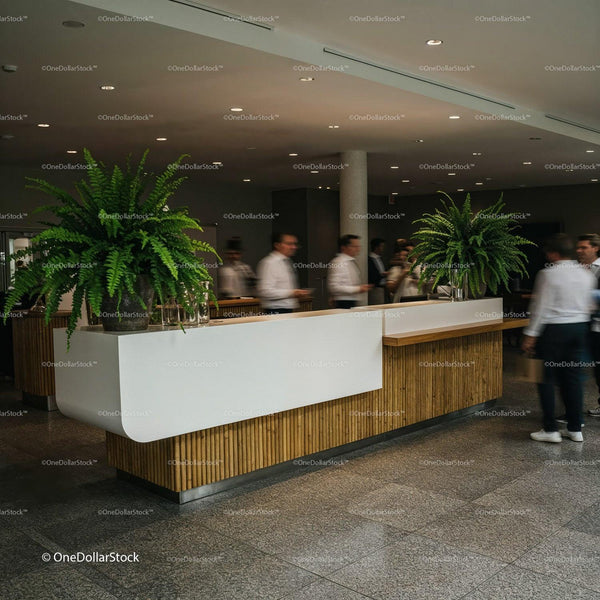 Busy modern hotel reception with lush green plants JPG Mockup Image
