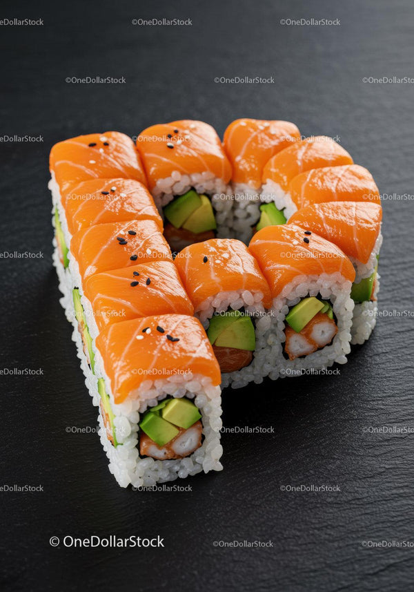 Fresh salmon and avocado sushi rolls on black slate
