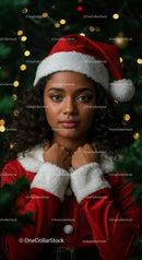 Young woman in Santa outfit with festive lights