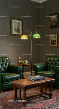 Cozy vintage living room with green leather chairs