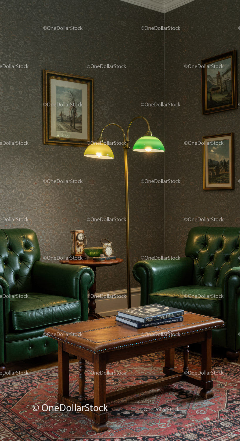 Cozy vintage living room with green leather chairs