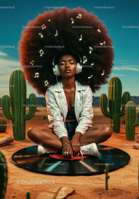 Young woman listening to music on vinyl in desert