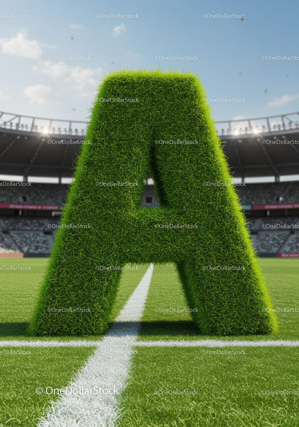 Large grass letter A on a vibrant soccer field