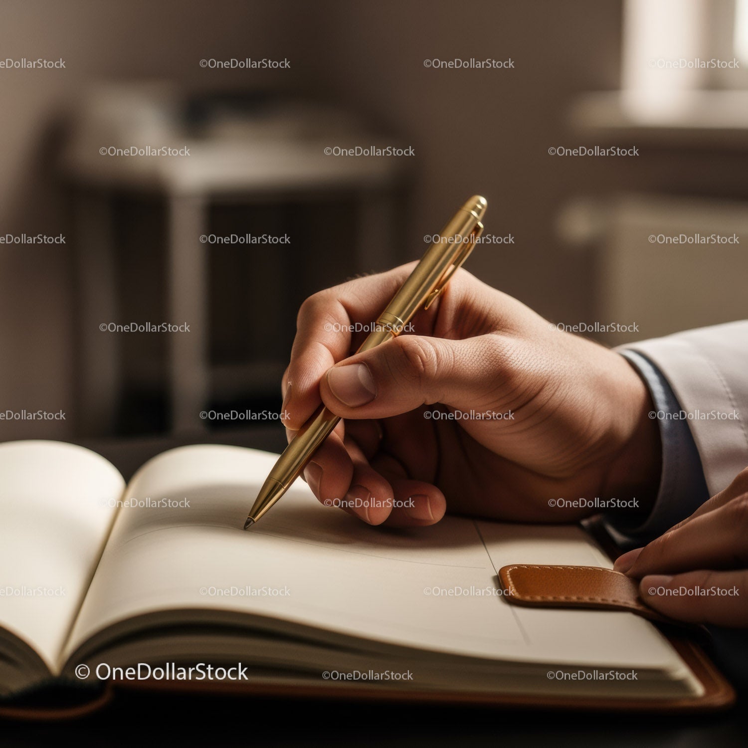 Business Professional Writing with Gold Pen in a Notebook in Office