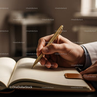 Business Professional Writing with Gold Pen in a Notebook in Office