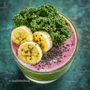 Banana and Kale Berry Smoothie with Fresh Fruit Toppings