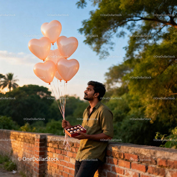 Man Holding Heart Balloons and Chocolates Outdoors