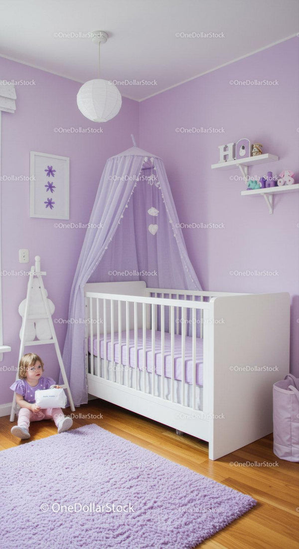 Cozy Purple Nursery Room with Canopy and Child's Bed