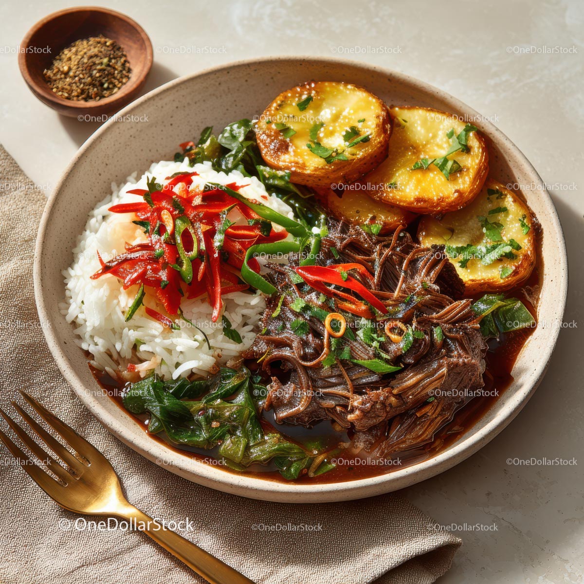 Savory Asian Dish with Rice, Vegetables, and Grilled Plantains