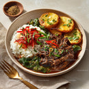 Savory Asian Dish with Rice, Vegetables, and Grilled Plantains