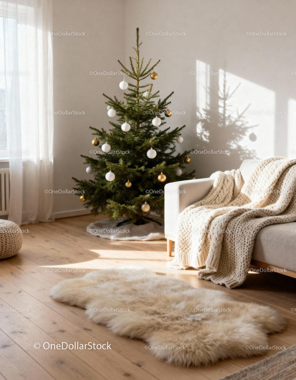 Minimalistyczna choinka z przytulnym, dzierganym kocem w domu